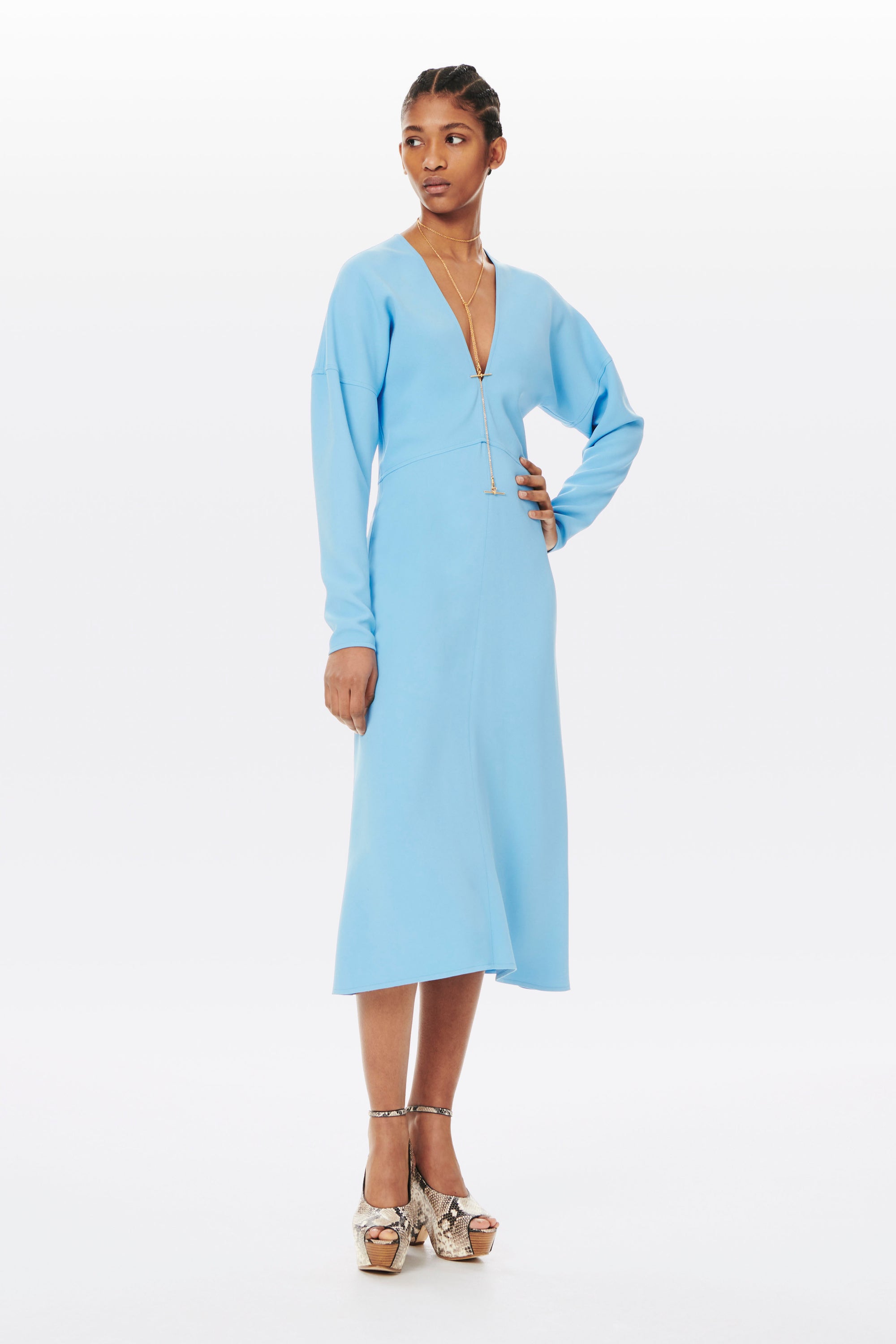 V-neck Dolman Sleeve Midi Dress in Sky ...